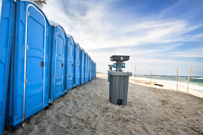 portable hand washing station on the beach with porta potties